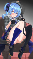 Rule 34 | 1girl, :p, absurdres, anus, ascot, ass grab, asymmetrical legwear, beret, blue eyes, blue hair, blush, breath, censored, faceless, faceless male, gloves, hair between eyes, hat, heart, heart-shaped pupils, highres, hololive, hoshimachi suisei, hoshimachi suisei (1st costume), looking at viewer, medium hair, mosaic censoring, mp150 plus, partially fingerless gloves, pussy, shoes, side ponytail, single thighhigh, smile, socks, solo, star (symbol), star in eye, symbol-shaped pupils, symbol in eye, thighhighs, tongue, tongue out, virtual youtuber