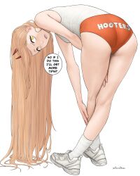 Rule 34 | 1girl, absurdres, ass, bent over, between legs, blonde hair, chainsaw man, cross-shaped pupils, crossed legs, demon girl, demon horns, dismaiden, english text, from behind, hand between legs, highres, hooters, horns, leaning forward, long hair, looking at viewer, looking back, orange shorts, power (chainsaw man), red horns, ringed eyes, sharp teeth, shoes, short shorts, shorts, sneakers, socks, speech bubble, symbol-shaped pupils, tank top, teeth, white socks