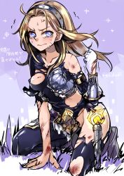 Rule 34 | 1girl, ahoge, anger vein, angry, arm guards, arm support, armor, bare shoulders, black thighhighs, blonde hair, blood, blue eyes, blush, body armor, bodysuit, breastplate, breasts, broken armor, clenched hand, closed mouth, collarbone, crying, crying with eyes open, frown, gloves, glowing, grass, grey background, hairband, injury, kaida michi, kneeling, league of legends, long hair, looking at viewer, lux (league of legends), medium breasts, motion lines, single glove, sketch, solo, sparkle, tears, thighhighs, thighs, torn bodysuit, torn clothes, torn legwear, torn thighhighs, trembling, twitter username, upset, vambraces, wavy mouth, white gloves
