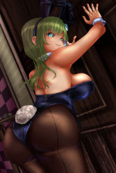 Rule 34 | 1girl, against wall, animal ears, artist request, ass, back, backless outfit, bare shoulders, blue eyes, breasts, cameltoe, fake animal ears, from behind, green hair, hairband, heart, heart-shaped pupils, highres, huge ass, kochiya sanae, large breasts, leotard, long hair, looking at viewer, looking back, pantyhose, playboy bunny, rabbit ears, rabbit tail, shiny clothes, sideboob, smile, solo, sweat, symbol-shaped pupils, tail, touhou