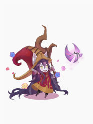Rule 34 | 1boy, 1girl, absurdly long hair, absurdres, animal ears, black pantyhose, blush, colored skin, dress, ears through headwear, flat chest, flower, full body, hat, highres, holding, holding weapon, league of legends, long hair, lulu (league of legends), onekokun, outstretched arms, pantyhose, pix (league of legends), pointy ears, purple hair, purple skin, smile, staff, standing, standing on one leg, very long hair, weapon, witch hat, yellow eyes, yordle