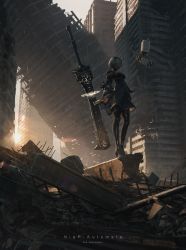 Rule 34 | 1girl, android, beastlord (sword), black blindfold, black dress, black hairband, black theme, blindfold, boots, building, covered eyes, debris, dress, feather-trimmed sleeves, female focus, greatsword, hairband, high heel boots, high heels, highres, light rays, nier:automata, nier (series), outdoors, pod (nier:automata), robot, rounin (amuza), rubble, ruins, scenery, skyscraper, solo, standing, sunbeam, sunlight, sunset, sword, title, white hair, 2b (nier:automata)