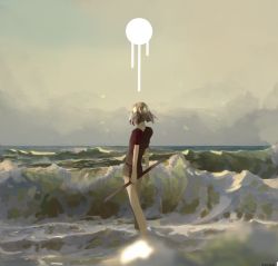 Rule 34 | 1other, androgynous, artist request, crystal hair, diamond (houseki no kuni), from behind, gem uniform (houseki no kuni), houseki no kuni, ocean, scenery, short hair, sky, solo, sword, water, waves, weapon