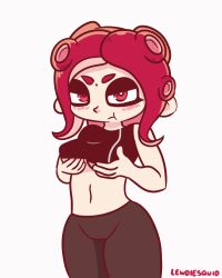 Rule 34 | 1girl, angry, animated, animated gif, black pants, black shirt, blush, bouncing, bouncing breasts, breasts, grabbing own breast, heart, lewdiesquid, long hair, looking at viewer, medium breasts, midriff, navel, nintendo, octoling, octoling girl, octoling player character, octopus girl, pants, pout, red eyes, red hair, shirt, splatoon (series), splatoon 2, splatoon 2: octo expansion, spoken heart, tank top, tentacle hair, tentacles, white background