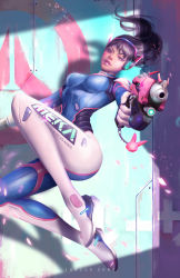 Rule 34 | 1girl, absurdres, aiming, aiming at viewer, animal print, artist name, bodysuit, breasts, brown eyes, brown hair, charm (object), clothes writing, d.va (overwatch), facepaint, facial mark, gun, handgun, headphones, highres, holding, holding gun, holding weapon, janice sung, lips, logo, long hair, looking at viewer, matching hair/eyes, medium breasts, nose, overwatch, overwatch 1, parted lips, pilot suit, pink lips, pistol, rabbit print, realistic, ribbed bodysuit, shadow, shoulder pads, signature, skin tight, solo, swept bangs, weapon, whisker markings