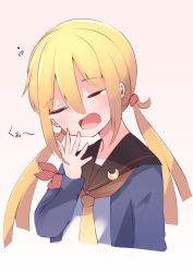 Rule 34 | 1girl, absurdres, ajifry39, armband, black sailor collar, blonde hair, blue jacket, closed eyes, commentary request, crescent, crescent pin, cropped torso, highres, jacket, kantai collection, long hair, low twintails, neckerchief, sailor collar, satsuki (kancolle), satsuki kai ni (kancolle), school uniform, serafuku, simple background, solo, twintails, upper body, white background, yawning, yellow neckerchief