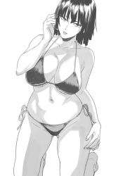Rule 34 | 1girl, barefoot, bikini, bikini top only, black bikini, breasts, cleavage, collarbone, fubuki (one-punch man), greyscale, kneeling, large breasts, legs, looking at viewer, monochrome, navel, one-punch man, parted lips, short hair, simple background, solo, swimsuit, thighs, white background, wide hips