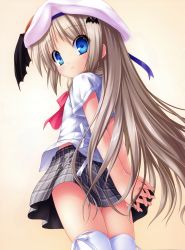 Rule 34 | 1girl, absurdres, arms behind back, blue eyes, blue ribbon, closed mouth, cowboy shot, floating hair, from behind, grey skirt, hair between eyes, hat, hat ribbon, highres, huge filesize, interlocked fingers, kud wafter, little busters!, long hair, miniskirt, na-ga, neck ribbon, noumi kudryavka, pink ribbon, plaid, plaid skirt, pleated skirt, ribbon, school uniform, shirt, short sleeves, silver hair, simple background, skirt, smile, solo, standing, thighhighs, very long hair, white background, white hat, white ribbon, white shirt, white thighhighs, zettai ryouiki