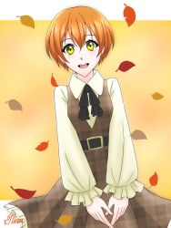 Rule 34 | 1girl, artist name, artist request, autumn leaves, belt, black belt, black neckerchief, blush, breasts, brown skirt, collared shirt, dreamz396, female focus, green eyes, hair between eyes, highres, hoshizora rin, light brown shirt, long sleeves, looking at viewer, love live!, love live! school idol project, neckerchief, orange hair, parted lips, puffy short sleeves, puffy sleeves, shirt, short hair, short sleeves, skirt, small breasts, smile, solo, yellow eyes