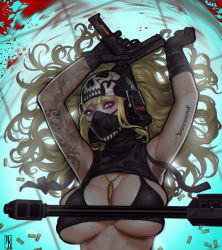 Rule 34 | 1girl, anti-materiel rifle, armpits, arms up, asymmetrical gloves, bandana, barrett m82, between breasts, bikini, black bikini, black gloves, blonde hair, blood, blue eyes, body writing, breasts, bullet, bullet necklace, cleavage, clenched hand, covered mouth, covering own mouth, extended magazine, eyelashes, gas mask, gloves, gun, handgun, headphones, heterochromia, holding, holding gun, holding weapon, jackie kaisami, large breasts, long hair, looking at viewer, lying, magazine (weapon), mask, mouth mask, muzzle device, on back, on floor, original, pistol, purple eyes, rifle, shoulder tattoo, signature, skull print, sniper rifle, solo, sweat, swimsuit, tattoo, trigger discipline, uneven gloves, upper body, weapon, window magazine