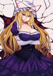 Rule 34 | 1girl, blonde hair, breast hold, breasts, choker, cleavage, collarbone, cowboy shot, crossed arms, dress, elbow gloves, frills, gap (touhou), gloves, grey background, grin, hair between eyes, hat, hat ribbon, highres, large breasts, layered dress, light particles, long hair, looking at viewer, mob cap, momendoufu, parted lips, puffy short sleeves, puffy sleeves, purple dress, red choker, red eyes, red ribbon, ribbon, short hair, short sleeves, sidelocks, smile, solo, standing, touhou, very long hair, white gloves, white hat, yakumo yukari
