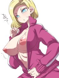 Rule 34 | 1girl, android 18, blonde hair, blue eyes, breasts, dragon ball, dragonball z, earrings, female focus, hanya (hanya yashiki), highres, hot, jacket, jewelry, large areolae, large breasts, medium hair, nipples, parted hair, simple background, solo, sweat, track jacket, track suit, unzipping, white background