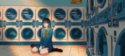 Rule 34 | 1girl, :|, black hair, blue skirt, blush, brown eyes, chinese commentary, closed mouth, commentary, highres, laundromat, long hair, long sleeves, looking at viewer, maionese, neckerchief, on floor, original, reflection, scenery, school uniform, serafuku, serious, sitting, skirt, socks, solo, tile floor, tiles, wariza, washing machine, wide shot
