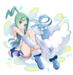 Rule 34 | 1girl, altaria, arm warmers, blue footwear, blush, boots, closed mouth, commentary request, creatures (company), game freak, gen 3 pokemon, green eyes, green hair, highres, lisia (pokemon), looking at viewer, nintendo, overskirt, pokemon, pokemon (creature), pokemon oras, satisfaction-zero, shorts, shorts under skirt, sidelocks, single thighhigh, smile, thighhighs