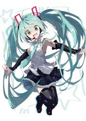Rule 34 | 10011018, 1girl, absurdres, aqua eyes, aqua hair, aqua necktie, bare shoulders, black skirt, black sleeves, black thighhighs, collaboration, colorized, commentary, detached sleeves, floating, full body, hair ornament, hatsune miku, hatsune miku (vocaloid4), headphones, headset, highres, legs up, long hair, looking at viewer, miniskirt, necktie, outstretched arms, pleated skirt, shibatadtm, shirt, shoulder tattoo, skirt, sleeveless, sleeveless shirt, solo, star (symbol), tattoo, thighhighs, twintails, v4x, very long hair, vocaloid, white background, white shirt, zettai ryouiki