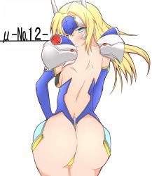 Rule 34 | 1girl, aqua eyes, arc system works, armor, ass, back, backboob, blazblue, blonde hair, blush, bodysuit, breasts, character name, ear protection, elbow gloves, female focus, forehead protector, from behind, gloves, labaha, long hair, looking back, mu-12, shoulder pads, solo