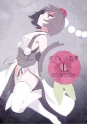 Rule 34 | 1girl, bare shoulders, black hair, cover, cover page, detached sleeves, expressionless, from side, fuukadia (narcolepsy), hat, kourindou tengu costume, looking away, no panties, profile, red eyes, shameimaru aya, short hair, solo, thighhighs, tokin hat, touhou, white thighhighs