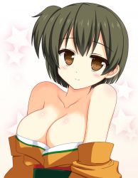 Rule 34 | 10s, 1girl, bare shoulders, blush, breasts, brown eyes, brown hair, cleavage, hiryuu (kancolle), icetiina, japanese clothes, kantai collection, large breasts, one side up, personification, short hair, side ponytail, skirt, smile, solo, star (symbol)