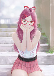 Rule 34 | 1girl, absurdres, blurry, blurry background, closed mouth, commentary, glasses, hair ornament, hairclip, hands on own face, highres, looking at viewer, miniskirt, one eye closed, original, pleated skirt, purple hair, red-framed eyewear, red eyes, regiana (jubi), signature, sitting, skirt, sleeveless, solo, stairs