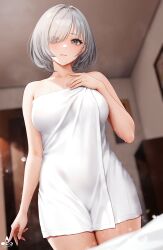 Rule 34 | 1girl, bare arms, bare shoulders, blush, breasts, closed mouth, collarbone, cowboy shot, eyes visible through hair, grey eyes, grey hair, hair over one eye, hand on own chest, highres, indoors, infinote, large breasts, looking at viewer, naked towel, original, sashou mihiro, short hair, solo, towel, wet, white towel