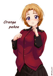 Rule 34 | 1girl, :o, absurdres, black skirt, blue eyes, braid, character name, finger to mouth, girls und panzer, highres, inaka pan, jacket, light blush, long sleeves, looking at viewer, military uniform, miniskirt, open mouth, orange hair, orange pekoe (girls und panzer), pleated skirt, red jacket, short hair, simple background, skirt, solo, st. gloriana&#039;s military uniform, standing, twin braids, twitter username, uniform, white background