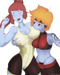 Rule 34 | 2girls, absurdres, alien, biting, blue skin, blush, breast biting, grabbing another&#039;s breast, breasts, colored skin, facial mark, fewer digits, forehead mark, grabbing, highres, large breasts, multiple girls, navel, no nose, one-piece swimsuit, red eyes, red hair, robot jones , shadowsun, swimsuit, tattoo, t&#039;au, torchstar, warhammer 40k