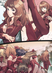 Rule 34 | 6+girls, ass, blue eyes, brown hair, defeat, elbow gloves, gloves, jacket, jelly shrimp, kicking, leotard, long hair, long sleeves, lupin iii, mine fujiko, multiple girls, open mouth, pants, pile, red gloves, red jacket, red leotard, red pants, red thighhighs, thighhighs