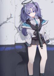 Rule 34 | 1girl, absurdres, black gloves, black jacket, black skirt, black socks, blue archive, blue eyes, blue hair, blue necktie, blush, closed mouth, collared shirt, commentary request, facing viewer, feet out of frame, gloves, gun, halo, highres, holding, holding gun, holding weapon, jacket, kabi killer, long hair, long sleeves, looking to the side, miniskirt, necktie, off shoulder, open clothes, open jacket, pleated skirt, shirt, skirt, socks, solo, standing, submachine gun, thighs, twintails, two-sided fabric, two-sided jacket, weapon, white jacket, white shirt, yuuka (blue archive)
