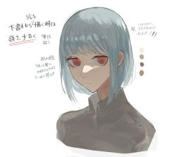 Rule 34 | 1girl, blue hair, closed mouth, collared shirt, color guide, cropped torso, grey shirt, highres, looking at viewer, medium hair, original, red eyes, ruteko (ruko220), shirt, simple background, solo, translation request, upper body, white background