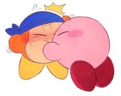 Rule 34 | 1boy, 1other, ^^^, bandana, bandana waddle dee, blue headwear, blush, blush stickers, colored skin, closed eyes, facing another, facing away, full-face blush, hands on another&#039;s face, kirby, kirby (series), kiss, nintendo, no humans, pervoborb, simple background, sweat, white background