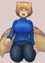 Rule 34 | 1girl, :d, absurdres, alternate costume, animal ears, barefoot, blonde hair, blue sweater, blush, breasts, chanta (ayatakaoisii), denim, fox ears, fox tail, grey background, happy, highres, jeans, large breasts, long sleeves, looking at viewer, multiple tails, no headwear, nose blush, open mouth, pants, ribbed sweater, short hair, simple background, sitting, slit pupils, smile, solo, sweater, tail, touhou, turtleneck, turtleneck sweater, yakumo ran, yellow eyes