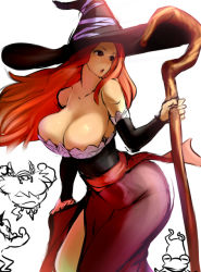Rule 34 | 1girl, 2boys, bare shoulders, breasts, brown eyes, chibi, cleavage, detached sleeves, dragon&#039;s crown, dress, dwarf (dragon&#039;s crown), fighter (dragon&#039;s crown), frog, hat, huge breasts, long hair, mafen, multiple boys, open mouth, side slit, simple background, sorceress (dragon&#039;s crown), staff, strapless, strapless dress, white background, wind, witch hat