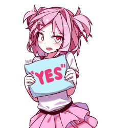 Rule 34 | 1girl, artist name, casual, commentary, doki doki literature club, english commentary, fang, hair ornament, hairclip, holding, holding pillow, lirilias, looking at viewer, medium hair, natsuki (doki doki literature club), open mouth, pillow, pink eyes, pink hair, pink skirt, shirt, short sleeves, simple background, skirt, solo, swept bangs, two side up, white background, white shirt, yes, yes-no pillow