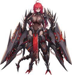 Rule 34 | 1girl, armor, armored boots, armored dress, boots, breasts, dragon armor, dramz, goddess of victory: nikke, large breasts, long hair, looking at viewer, mecha, lava, nihilister (nikke), red eyes, red hair, robot, robotic tail, simple background, smile, source request, tail