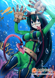Rule 34 | 10s, 1girl, :p, air bubble, asui tsuyu, belt, bodysuit, boku no hero academia, breasts, bubble, butter-t, coral, covered erect nipples, fish, frog girl, gloves, goggles, goggles on head, green eyes, green hair, hair between eyes, impossible clothes, large breasts, long hair, long tongue, looking at viewer, low-tied long hair, matching hair/eyes, patreon, patreon username, skin tight, solo, tongue, tongue out, underwater, very long hair, very long tongue, watermark, web address