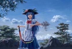 Rule 34 | 1girl, black headwear, blue hair, blue skirt, bow, bowtie, cloud, commentary request, floating island, food, fruit, hand on hilt, highres, hinanawi tenshi, leaf, long hair, mountain, open mouth, outdoors, peach, rainbow gradient, red bow, red bowtie, red eyes, satellitedragon, shirt, short sleeves, skirt, smile, solo, touhou, white shirt