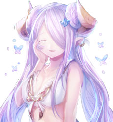 Rule 34 | 10s, 1girl, ^ ^, bikini, breasts, bug, butterfly, butterfly earrings, closed eyes, collarbone, double bun, draph, earrings, closed eyes, granblue fantasy, hair ornament, hair over one eye, hand on own cheek, hand on own face, highres, horns, insect, jewelry, light purple hair, long hair, medium breasts, narmaya (granblue fantasy), narmaya (summer) (granblue fantasy), parted lips, pointy ears, shionty, sketch, smile, solo, swimsuit, upper body, white background, white bikini