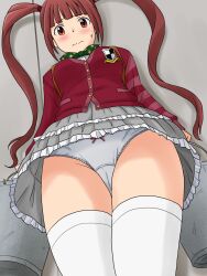 Rule 34 | 1girl, blush, bow, bow panties, cameltoe, cardigan, closed mouth, clothes lift, commentary request, commission, cowboy shot, crotch seam, emblem, frilled skirt, frills, from below, frown, green ribbon, grey panties, grey skirt, highres, idolmaster, idolmaster million live!, indoors, layered skirt, lielos, lifting own clothes, long hair, long sleeves, looking at viewer, looking down, matsuda arisa, miniskirt, neck ribbon, panties, partial commentary, pixiv commission, red cardigan, red eyes, red hair, ribbon, skirt, skirt lift, solo, standing, sweatdrop, thighhighs, twintails, underwear, upskirt, white thighhighs