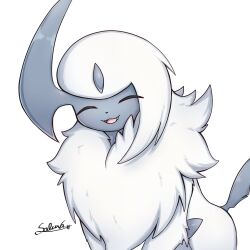 Rule 34 | absol, animal focus, closed eyes, creatures (company), fang, forehead jewel, game freak, gen 3 pokemon, happy, horns, mane, nintendo, no humans, open mouth, pokemon, pokemon (creature), signature, simple background, single horn, sitting, smile, soruva 359, tail, white background, white fur