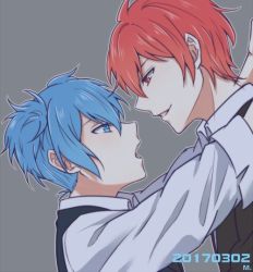 Rule 34 | 2boys, akabane karma, ansatsu kyoushitsu, bad id, bad twitter id, black jacket, black vest, blue eyes, blue hair, commentary request, dated, eye contact, face-to-face, from side, grey background, grin, hair between eyes, height difference, jacket, long sleeves, looking at another, male focus, meipoi, multiple boys, open mouth, profile, red eyes, red hair, shiota nagisa, shirt, short hair, simple background, smile, upper body, vest, white shirt, yaoi