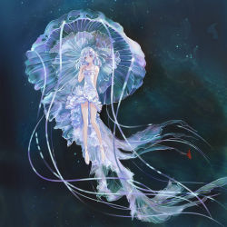 Rule 34 | 1girl, absurdres, animal, arm behind back, bare shoulders, black background, blue eyes, blush, breasts, closed mouth, commentary, dress, floating, frilled dress, frills, grey hair, hair between eyes, hand up, highres, jellyfish, long dress, looking at viewer, medium hair, original, shan gui yu yao, shoes, sleeveless, sleeveless dress, small breasts, solo, spaghetti strap, tentacles, white dress, white footwear