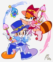 Rule 34 | 2girls, absurdres, animal ears, blue eyes, blue footwear, blue headwear, blue skirt, blush, brown eyes, cheese (sonic), cream the rabbit, eyelashes, fine (futagohime), furry, furry female, fushigiboshi no futago hime, gloves, hat, highres, holding, holding wand, low twintails, magical girl, marine the raccoon, multiple girls, one eye closed, pink footwear, pumo (futagohime), rabbit ears, rabbit girl, raccoon girl, raccoon tail, red headwear, red skirt, rein (futagohime), ribbon, simple background, skirt, smile, songsom s2, sonic (series), tail, top hat, twintails, wand