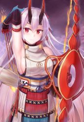 Rule 34 | &gt;:), 1girl, arm guards, arm up, armor, armpits, arrow (projectile), bare shoulders, between fingers, blush, bow (weapon), breasts, cai geng, closed mouth, cowboy shot, elbow gloves, fate/grand order, fate (series), flaming weapon, foreshortening, gloves, hair between eyes, headband, highres, holding, holding arrow, holding behind back, holding bow (weapon), holding weapon, horns, japanese armor, long hair, looking at viewer, medium breasts, oni horns, red eyes, sideboob, silver hair, sleeveless, slit pupils, smile, solo, standing, striped clothes, striped gloves, tomoe gozen (fate), v-shaped eyebrows, very long hair, weapon