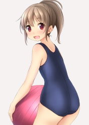 Rule 34 | 1girl, :d, ass, ball, bare arms, bare shoulders, blue one-piece swimsuit, blush, brown hair, commentary request, cowboy shot, derivative work, grey background, hair between eyes, high ponytail, highres, holding, holding ball, long hair, looking at viewer, looking to the side, one-piece swimsuit, open mouth, original, ponytail, red eyes, shibacha, sidelocks, simple background, smile, solo, swimsuit, thighs