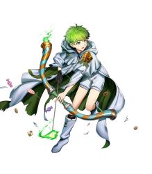 Rule 34 | 1boy, alternate costume, arrow (projectile), blue eyes, boots, bow (weapon), cake, candy, cape, cookie, fire, fire emblem, fire emblem: path of radiance, fire emblem heroes, food, full body, ghost costume, green hair, halloween, halloween costume, highres, male focus, mikurou (nayuta), nintendo, official art, open mouth, pumpkin, rolf (fire emblem), solo, teeth, torn clothes, transparent background, weapon