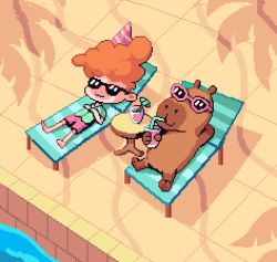 Rule 34 | 1boy, barefoot, brown fur, capybara, closed mouth, commentary, cup, day, drinking straw, drinking straw in mouth, english commentary, freckles, full body, green shirt, hands on own chest, holding, holding cup, orange hair, original, outdoors, pink-framed eyewear, pink shorts, pixel art, shadow, shirt, short sleeves, shorts, sunbathing, sunglasses, tofupixel