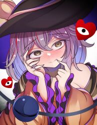Rule 34 | 1girl, bare shoulders, black hat, blush, closed mouth, commentary, constricted pupils, crazy eyes, finger to mouth, frilled shirt collar, frills, full-face blush, green eyes, grey hair, hair between eyes, hand on own cheek, hand on own face, hands up, hat, heart, highres, index finger raised, kana (user rkuc4823), komeiji koishi, long sleeves, looking at viewer, lovestruck, multicolored hair, nose blush, raised eyebrows, red hair, shirt, simple background, smile, solo, split mouth, streaked hair, third eye, touhou, upturned eyes, white background, wide-eyed, wide sleeves, yandere, yellow shirt