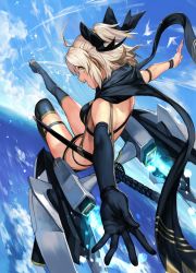 Rule 34 | 1girl, :d, ahoge, arm strap, bikini, bird, black bikini, black bow, black footwear, black gloves, black scarf, black thighhighs, blonde hair, blue sky, boots, bow, cloud, contrail, day, dove, elbow gloves, fate (series), flock, flying, from behind, from side, full body, gloves, hair bow, hair ornament, half updo, highres, horizon, hungry clicker, jetpack, katana, looking back, looking to the side, midair, ocean, okita j. souji (fate), okita j. souji (first ascension) (fate), okita souji (fate), okita souji (koha-ace), open mouth, outdoors, outstretched arms, scarf, sheath, sheathed, short hair, single elbow glove, single glove, sky, smile, solo, spread arms, swimsuit, sword, thigh boots, thigh strap, thighhighs, thrusters, toeless footwear, toeless legwear, toes, weapon, wind, yellow eyes