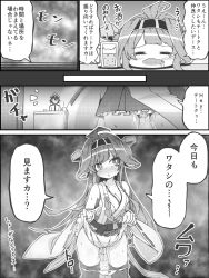 Rule 34 | 1boy, 1girl, admiral (kancolle), ahoge, bare shoulders, blush, breasts, cleavage, clothes lift, comic, desk, detached sleeves, double bun, greyscale, hair bun, hairband, hat, headgear, highres, japanese clothes, kantai collection, kongou (kancolle), lifted by self, long hair, military, military uniform, monochrome, moyachii, naval uniform, nontraditional miko, open mouth, panties, panty pull, peaked cap, pussy juice, skirt, skirt lift, thighhighs, thighs, translation request, underwear, uniform