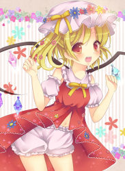Rule 34 | 1girl, bat wings, blonde hair, bloomers, bow, flandre scarlet, flower, harukaruha, hat, highres, navel, open mouth, red eyes, short hair, side ponytail, solo, striped, touhou, underwear, vertical stripes, wings